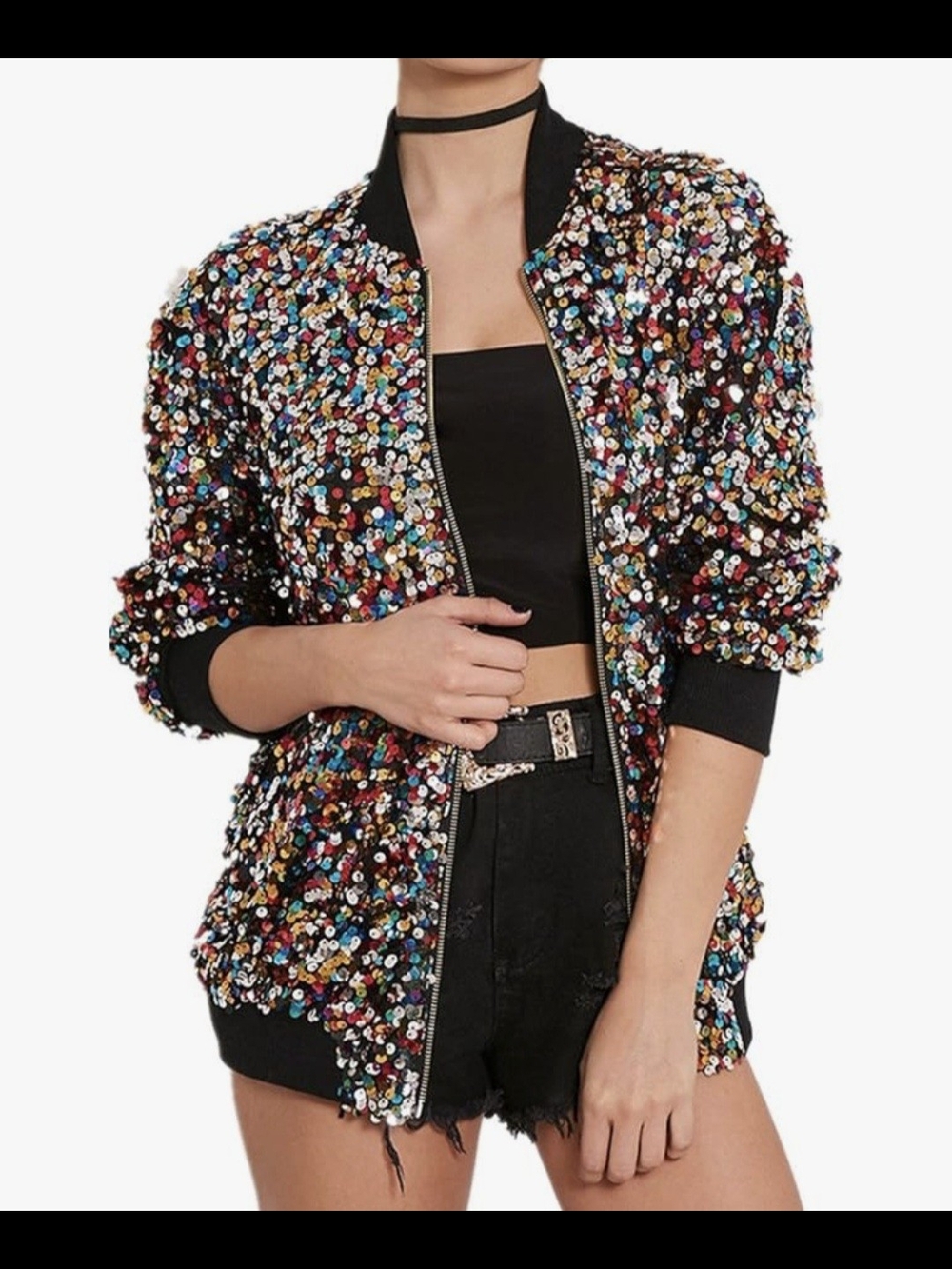 Cresay Multicolor Sequin Jacket with Black Trim